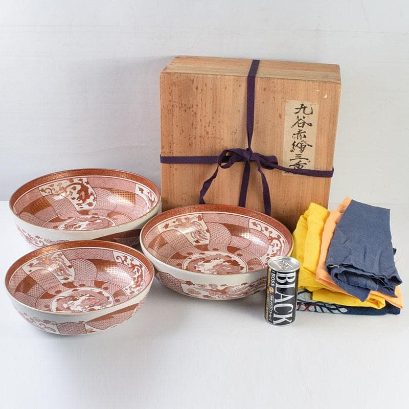 九谷焼　古九谷　赤絵八郎手　龍文　三つ組入れ子　菓子鉢　時代箱　G　R9171H