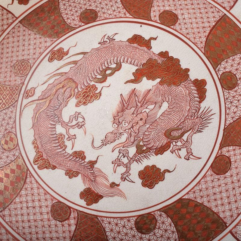 九谷焼　古九谷　赤絵八郎手　龍文　三つ組入れ子　菓子鉢　時代箱　G　R9171H