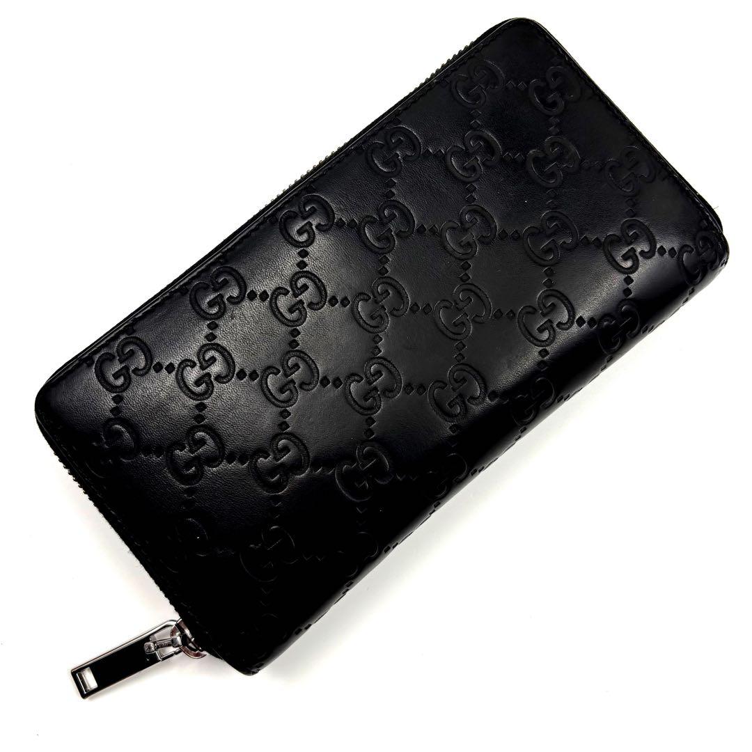 美品　グッチ　長財布　シマレザー　GG柄　ラウンドファスナー　ブラック　黒　箱付