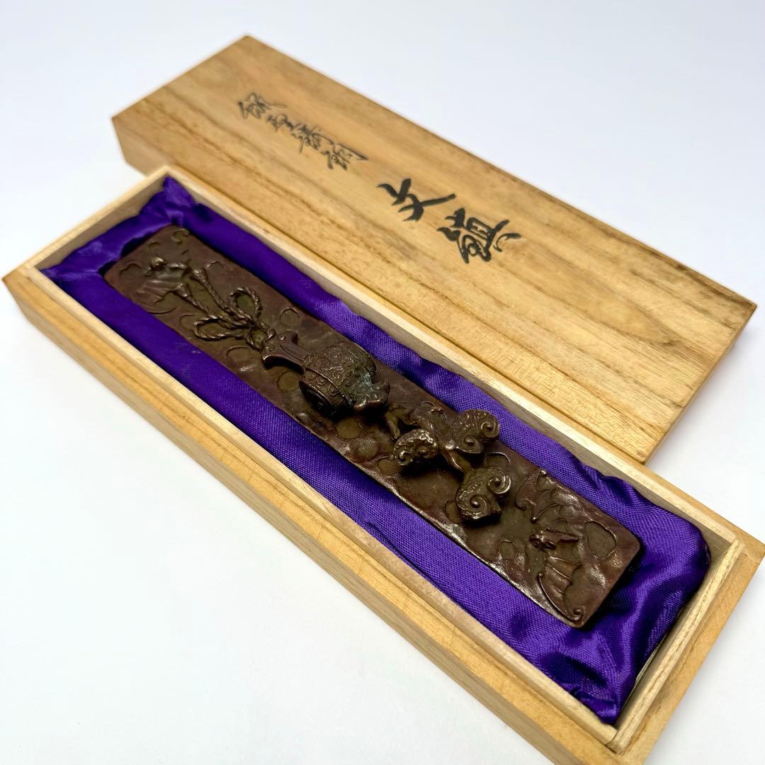 未使用 文鎮 ペーパーウエイト 高岡銅器 二上常太郎作 福禄寿 小槌 共箱