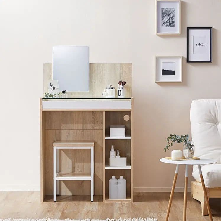 ドレッサー鏡台鏡メイク台チェア付きコンパクト省スペース棚木目調ガラス天板引き出し