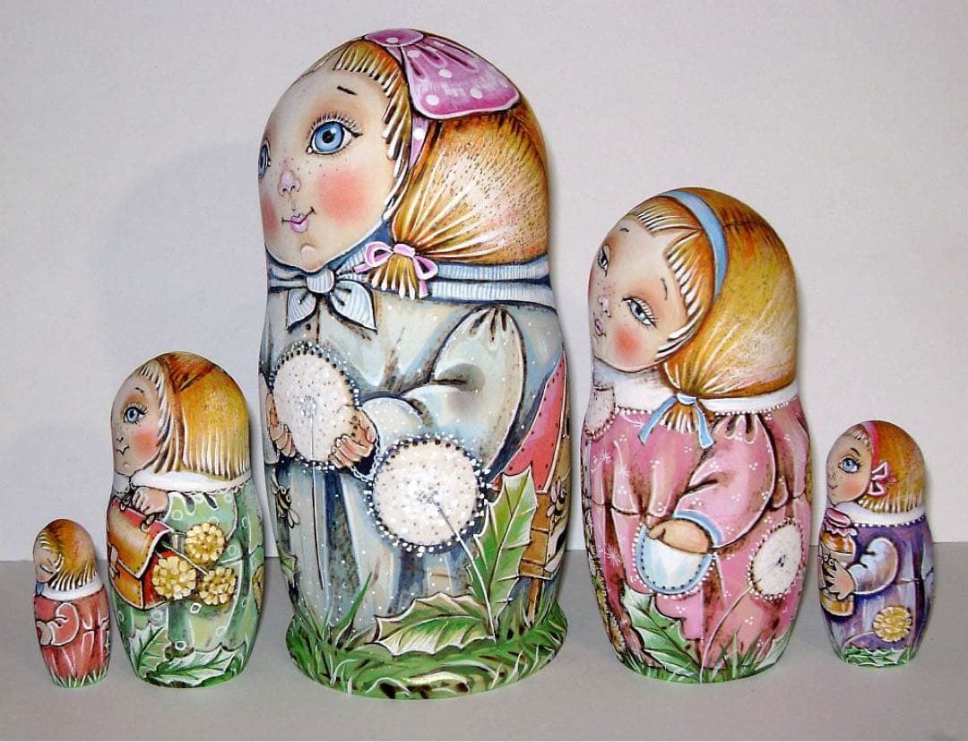 ロシア雑貨☆『タンポポ』ウッドバーニング マトリョーシカ(5P)ミラ作