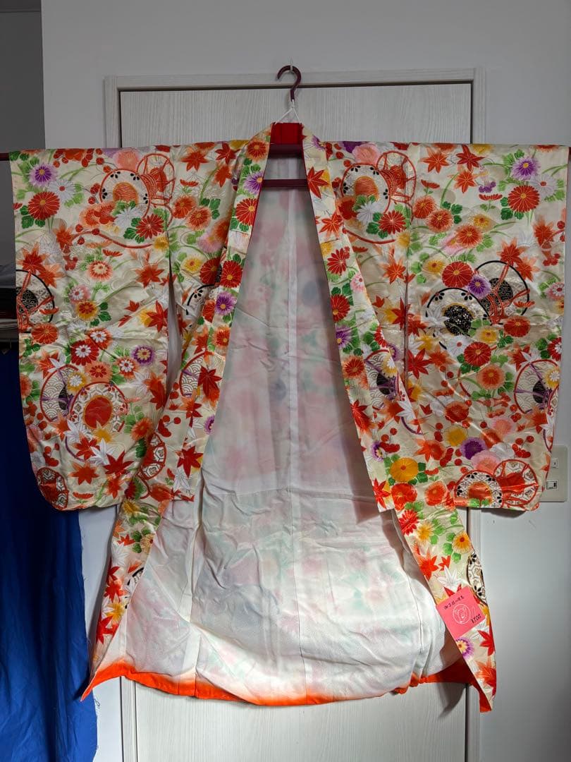 七五三用 花柄着物　未使用豪華　赤オレンジベージュ地　旭化成エルタス 旭秀苑創作