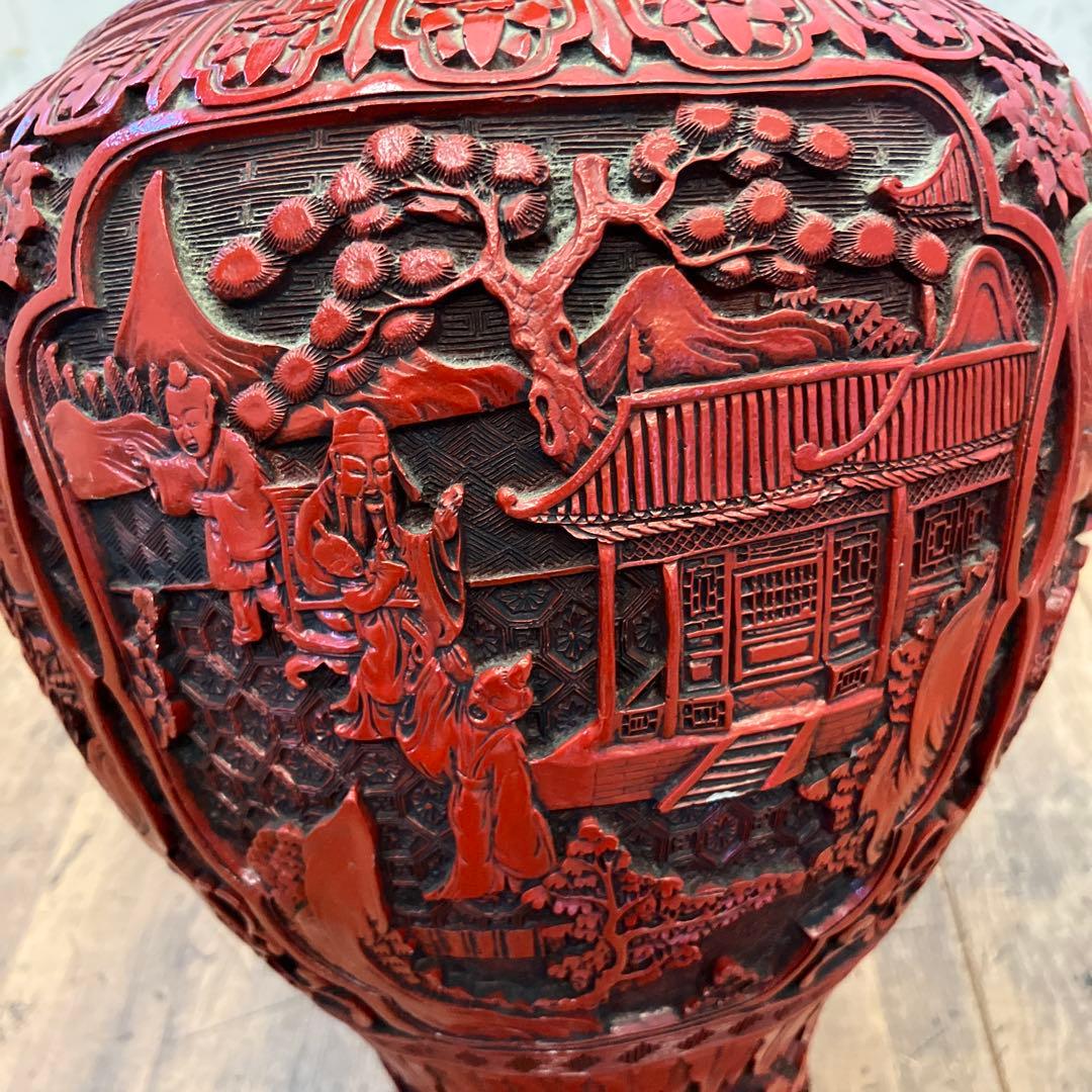 中国美術 彫漆 置物 飾り インテリア オブジェ 壺 花瓶 花入れ 花立て 花生