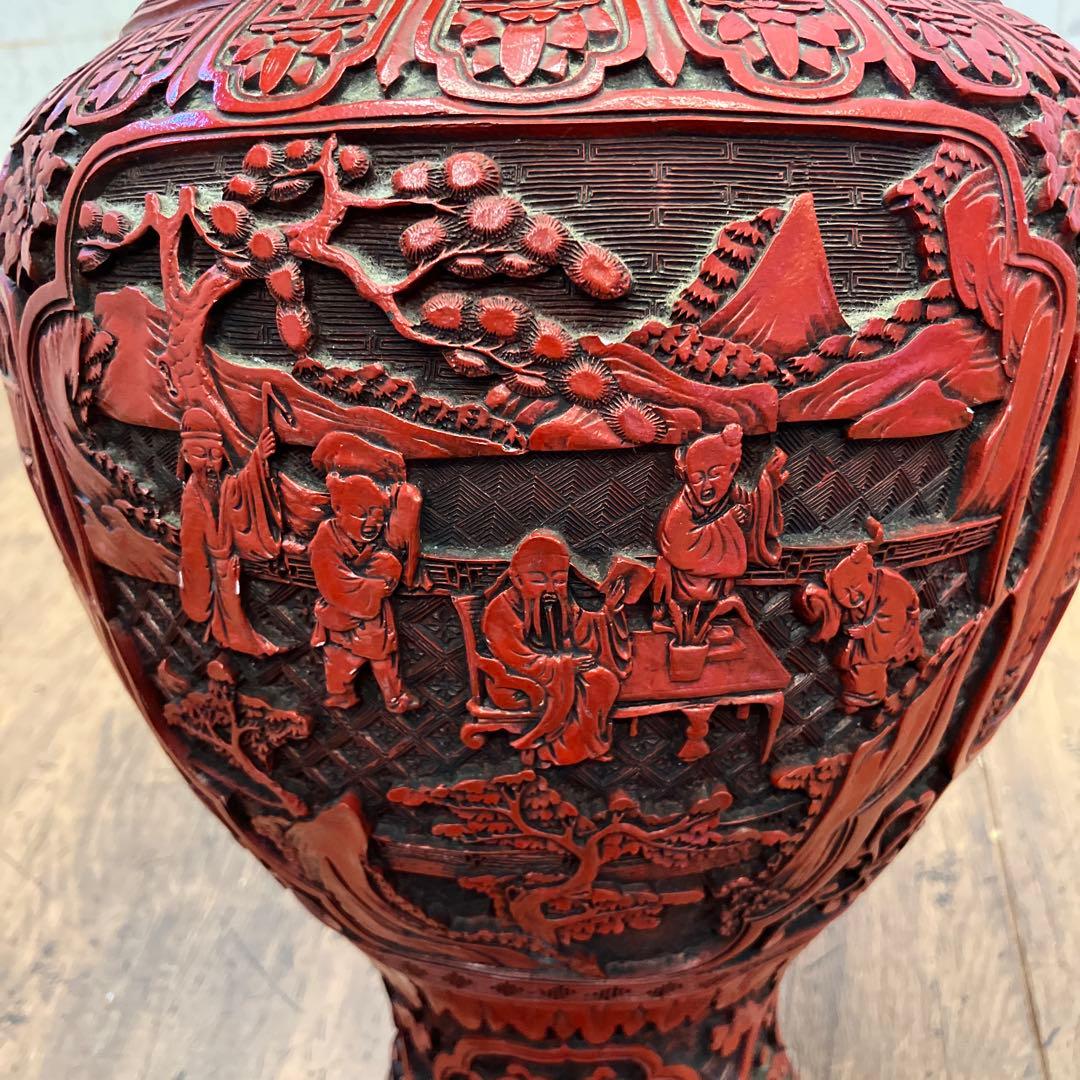 中国美術 彫漆 置物 飾り インテリア オブジェ 壺 花瓶 花入れ 花立て 花生