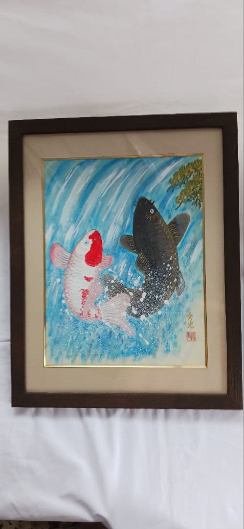 夫婦滝登鯉を田中秀光の直筆画、F6 送料無料です