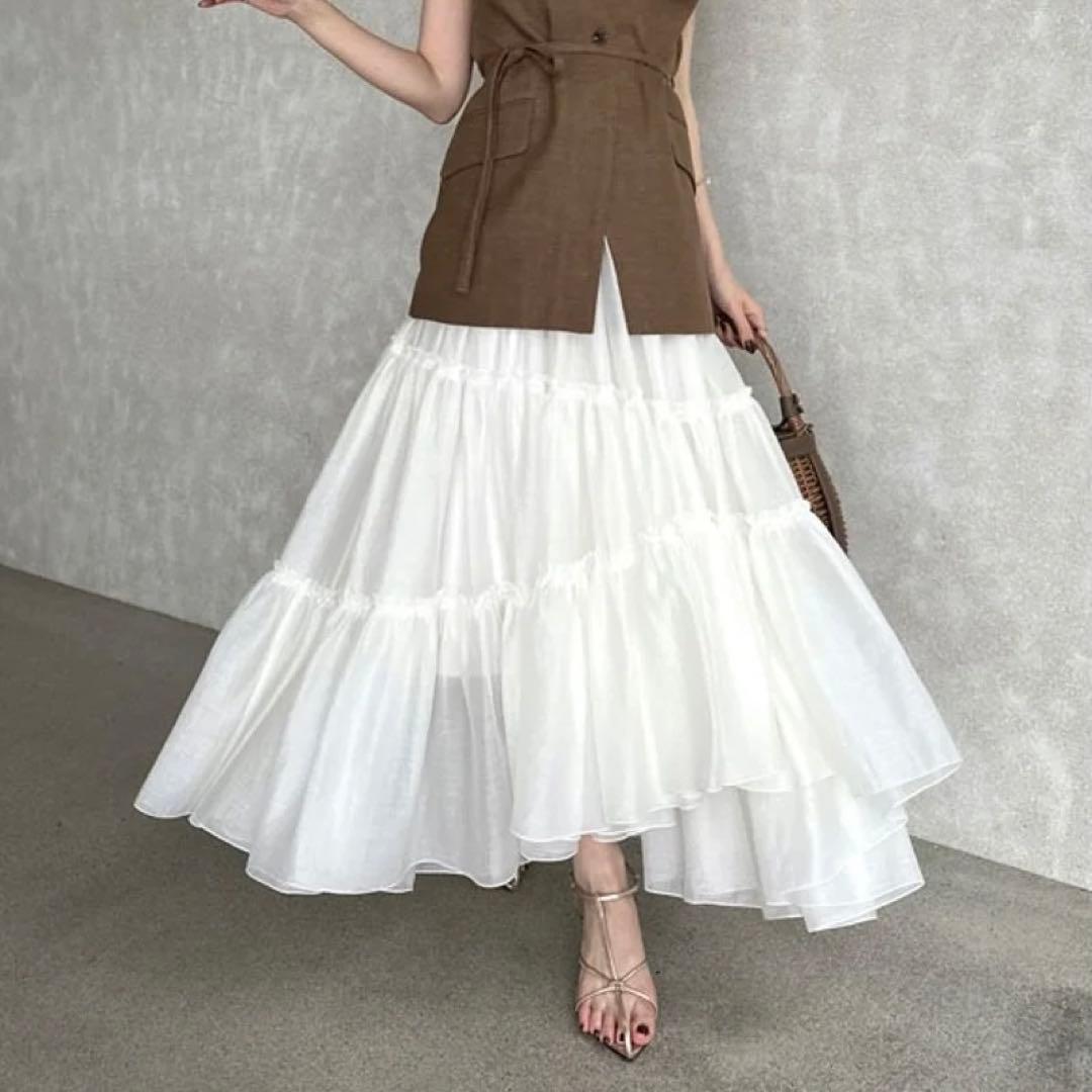 anuans ボリュームティアードオーガンジースカート WHITE