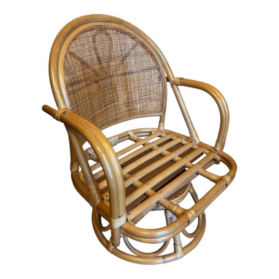 【送料無料】レトロ籐ラタン回転チェア花柄座面美品おしゃれ人気インテリア天然木風調