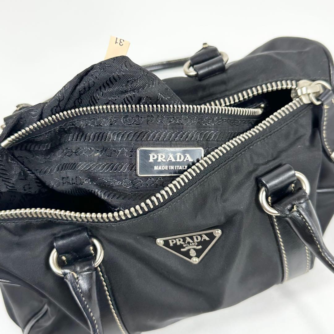 美品 PRADA ナイロンレザー ミニボストンバッグ 3角ロゴ ブラック
