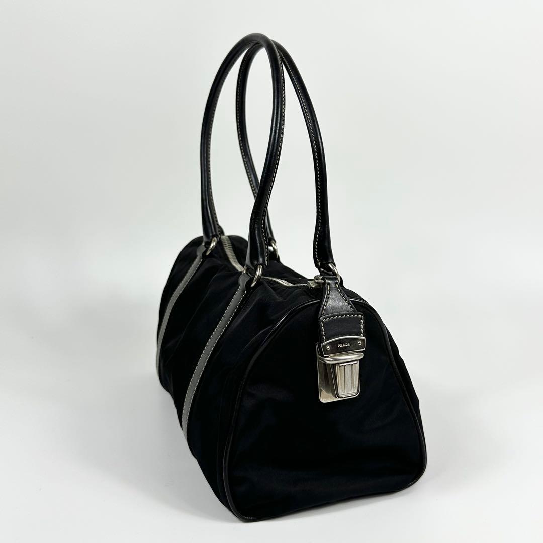 美品 PRADA ナイロンレザー ミニボストンバッグ 3角ロゴ ブラック