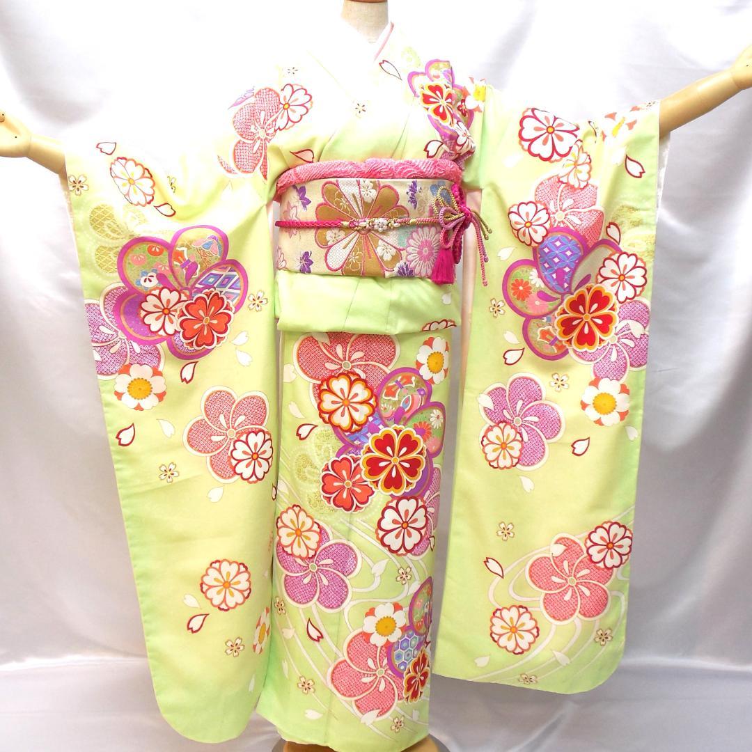 未使用品★洗える振袖　振袖フルセット　成人式　振袖　Ｌサイズ　トール　黄緑　花柄