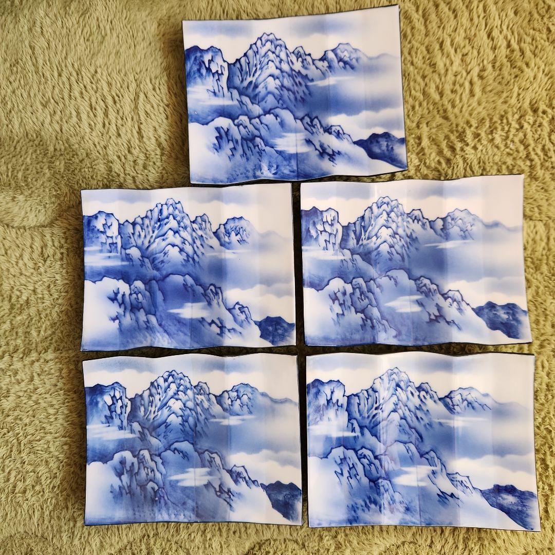 染め付け屏風形剣岳絵図角皿5客