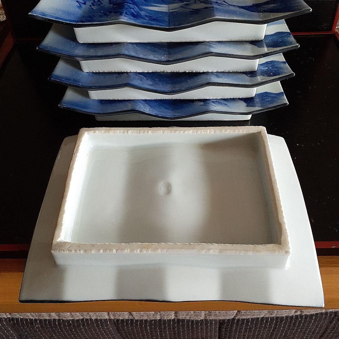 染め付け屏風形剣岳絵図角皿5客