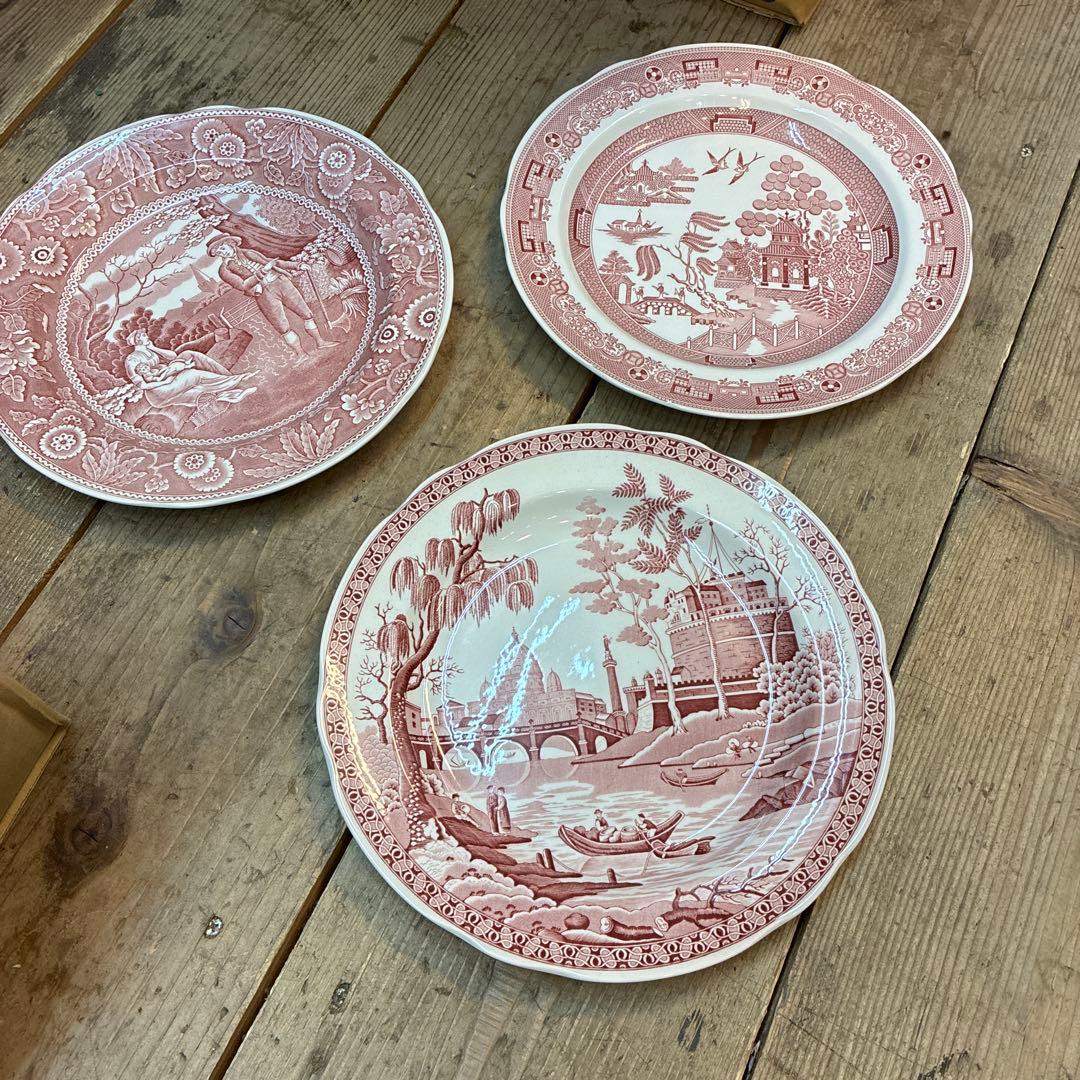 SPODE 26cm お皿　赤茶色の風景画　花柄　人物