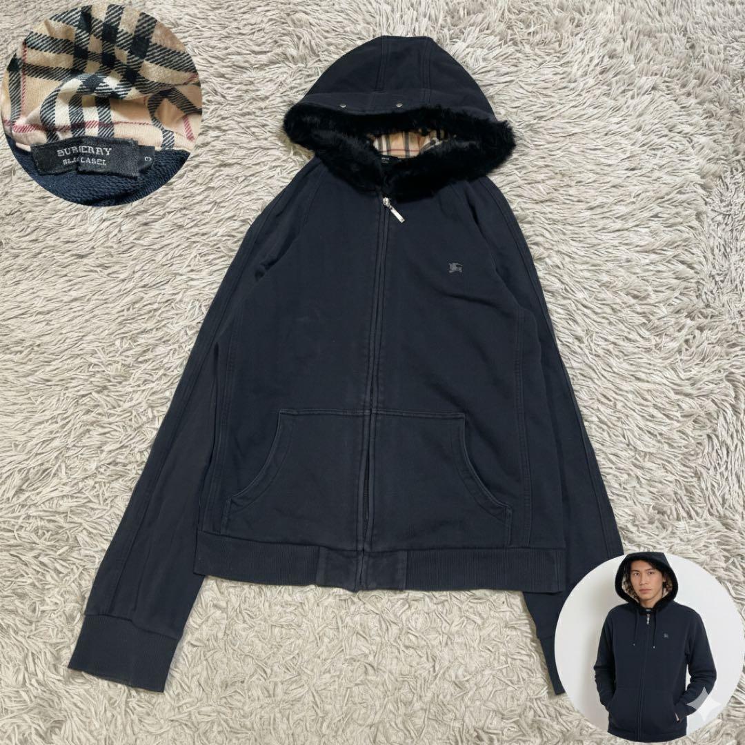 バーバリーブラックレーベル ラビットファー ジップパーカー ノバチェック 黒 L