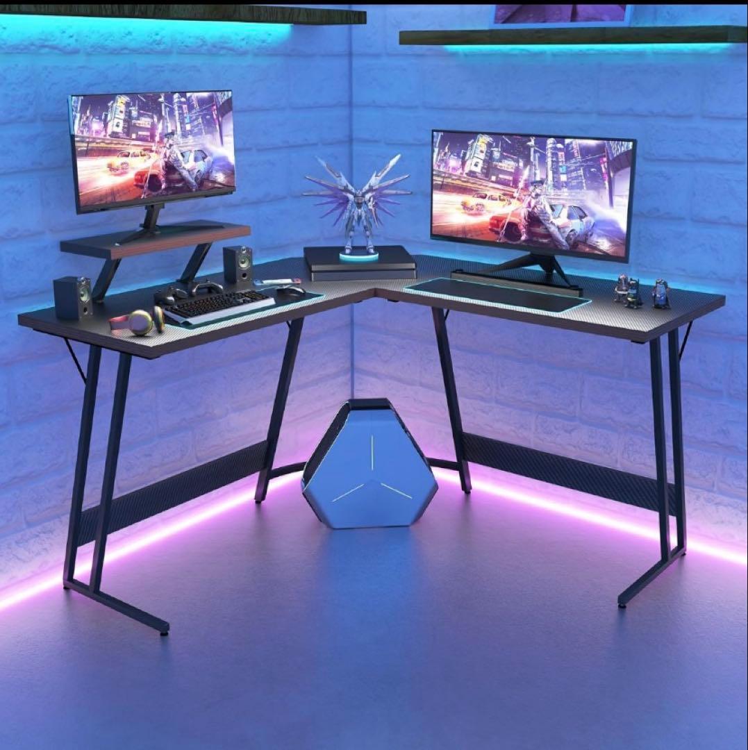 エル字型ゲーミングデスク ブラック モニタスタンド付き 省スペース
