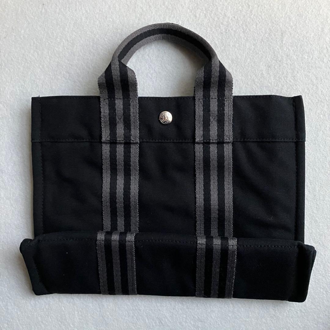 エルメス　HERMES フールトゥ　PM トートバッグ　黒　ストライプ