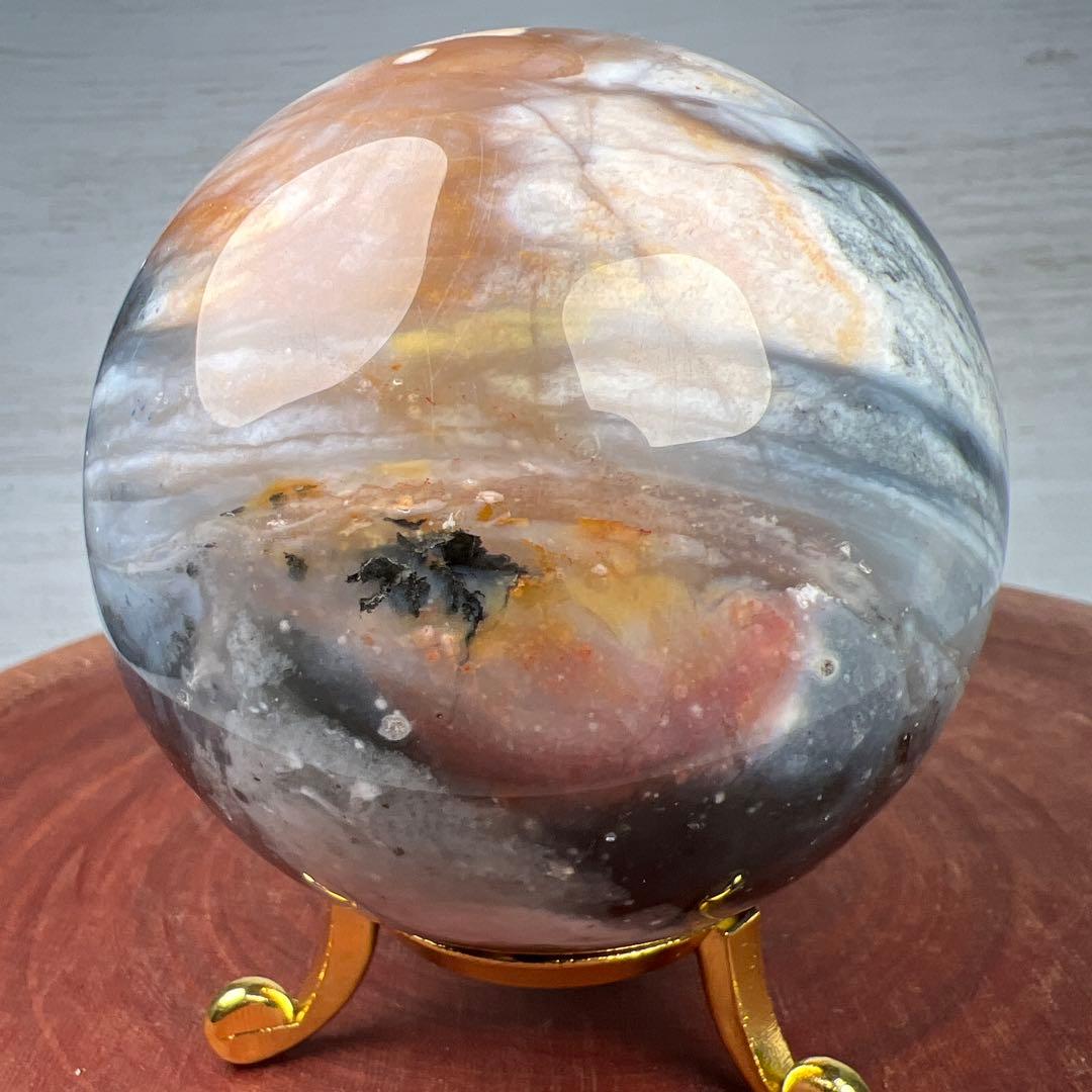天然石　ペトリファイドウッド　スフィア　79ミリ　台座付き　宇宙のようなペトリ