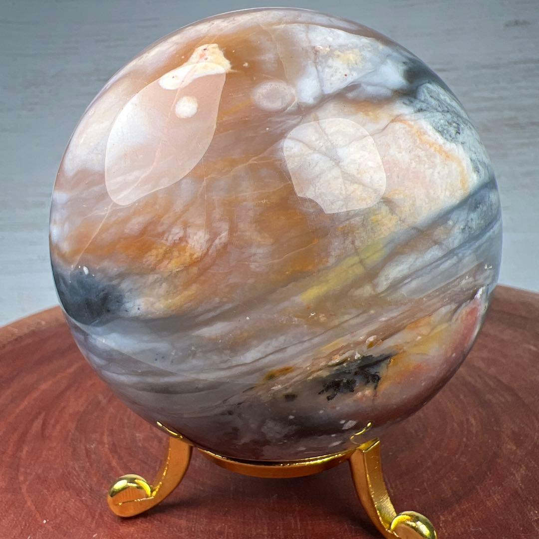天然石　ペトリファイドウッド　スフィア　79ミリ　台座付き　宇宙のようなペトリ