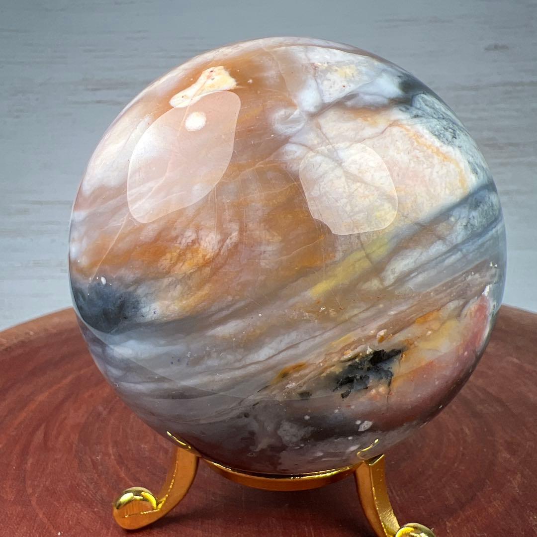 天然石　ペトリファイドウッド　スフィア　79ミリ　台座付き　宇宙のようなペトリ