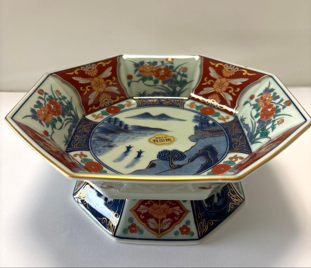 高台大鉢　伊万里　山水八角　色絵　金彩飾り　高台皿　高台鉢　未使用　有田焼