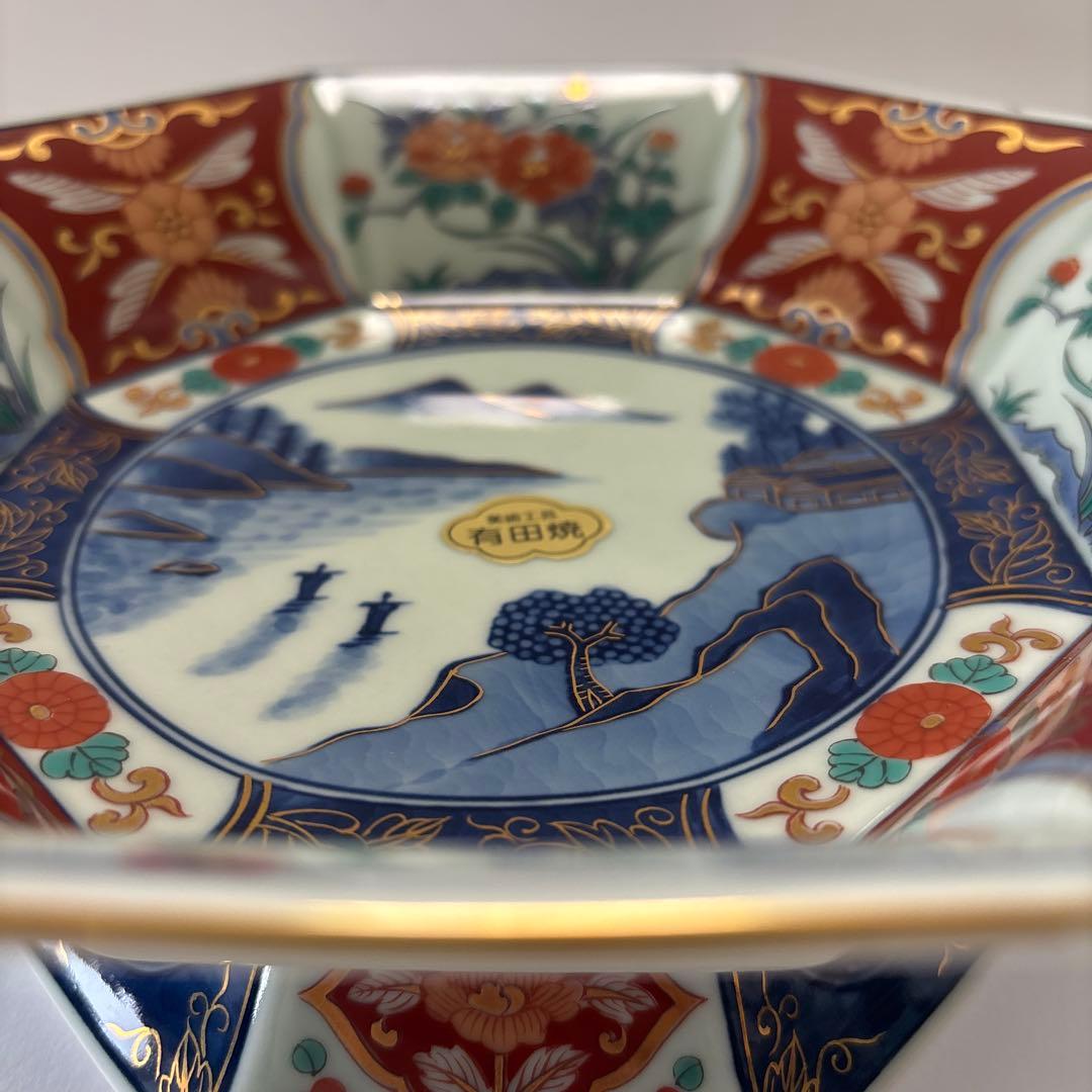 高台大鉢　伊万里　山水八角　色絵　金彩飾り　高台皿　高台鉢　未使用　有田焼