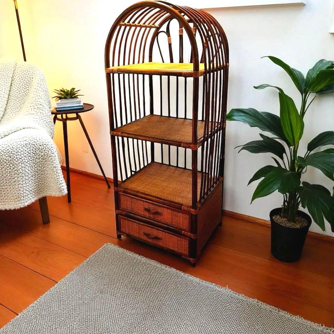 【美品】ラタン アーチ型 5段シェルフ 引き出し付き 籐家具 ヴィンテージ