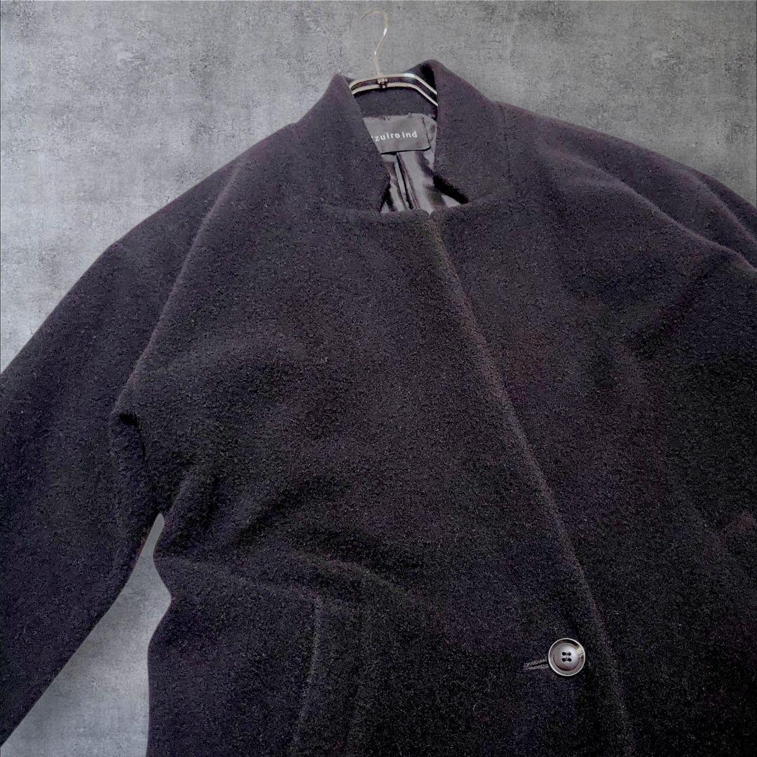 美品mizuiro indウールブレンド 黒チェスターコート スタンドカラー