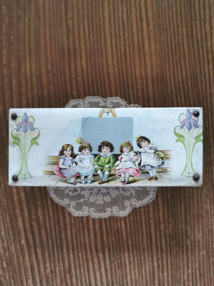 アンティークフランス インクペンケース 水色布張り少女イラスト パピエボックス