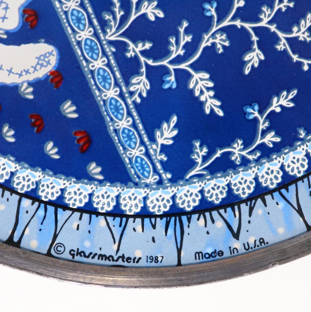 赤いリボンを巻いた白猫 ヴィンテージ ステンドグラス レア 丸型 ブルー 青