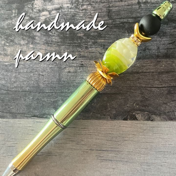 限定①グリーン系♪職人技のランプワークガラス❤ゴールドお月様のボールペン♪
