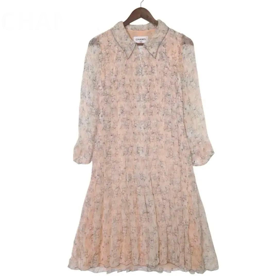 シャネル ワンピース ベージュ ピンク Sサイズ シルク100% CHANEL