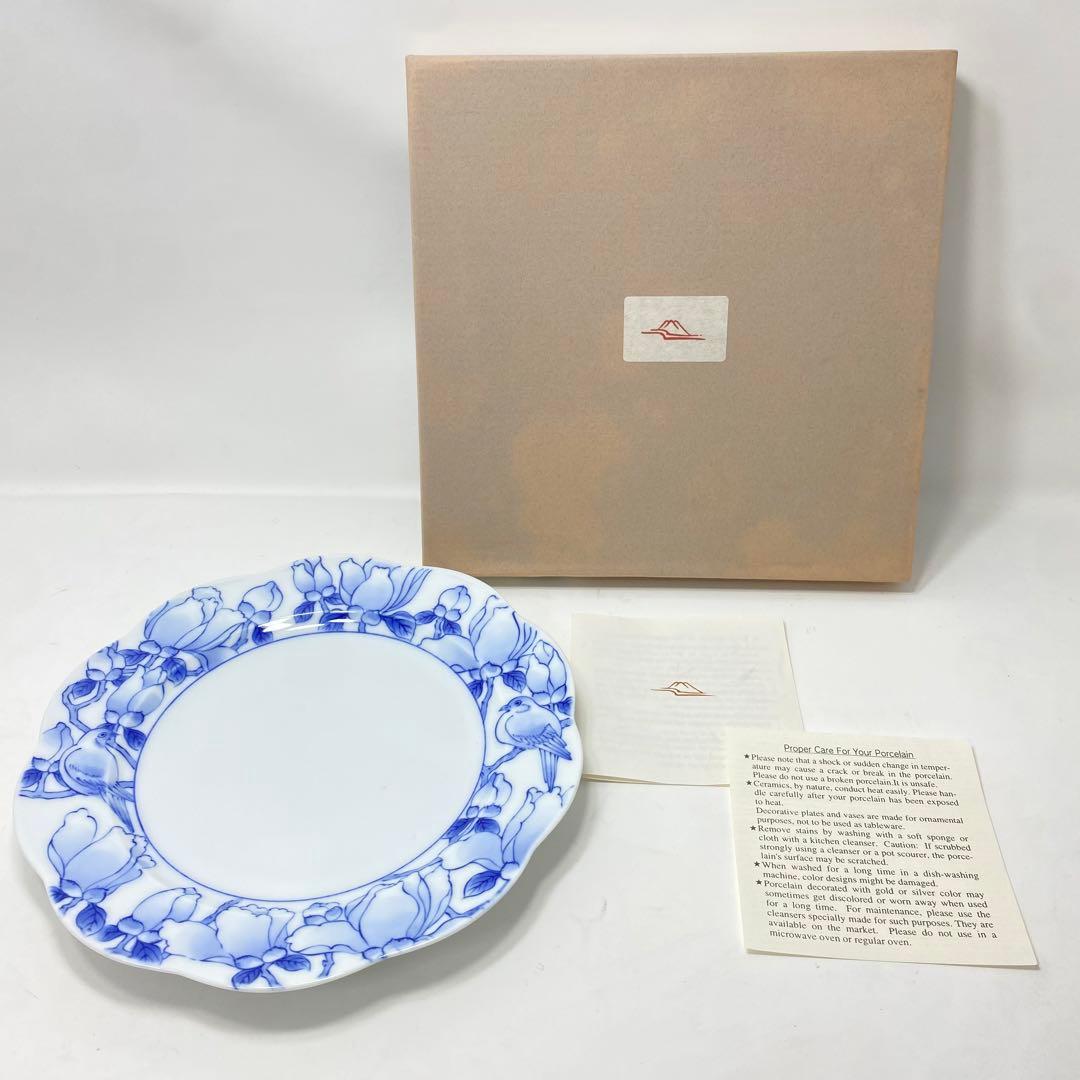 【未使用品】深川製 染付 木蓮 ケーキ皿 直径 約20cm 宮内庁御用達