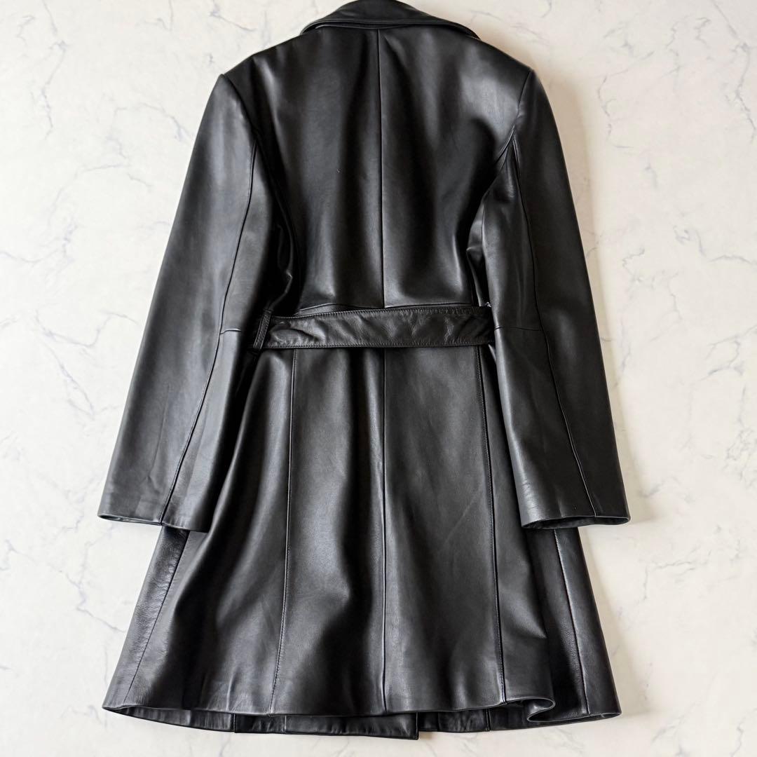 【高級本革】大きいサイズ 13AR 羊革 レザーコート ベルト付 黒 裏地ドット