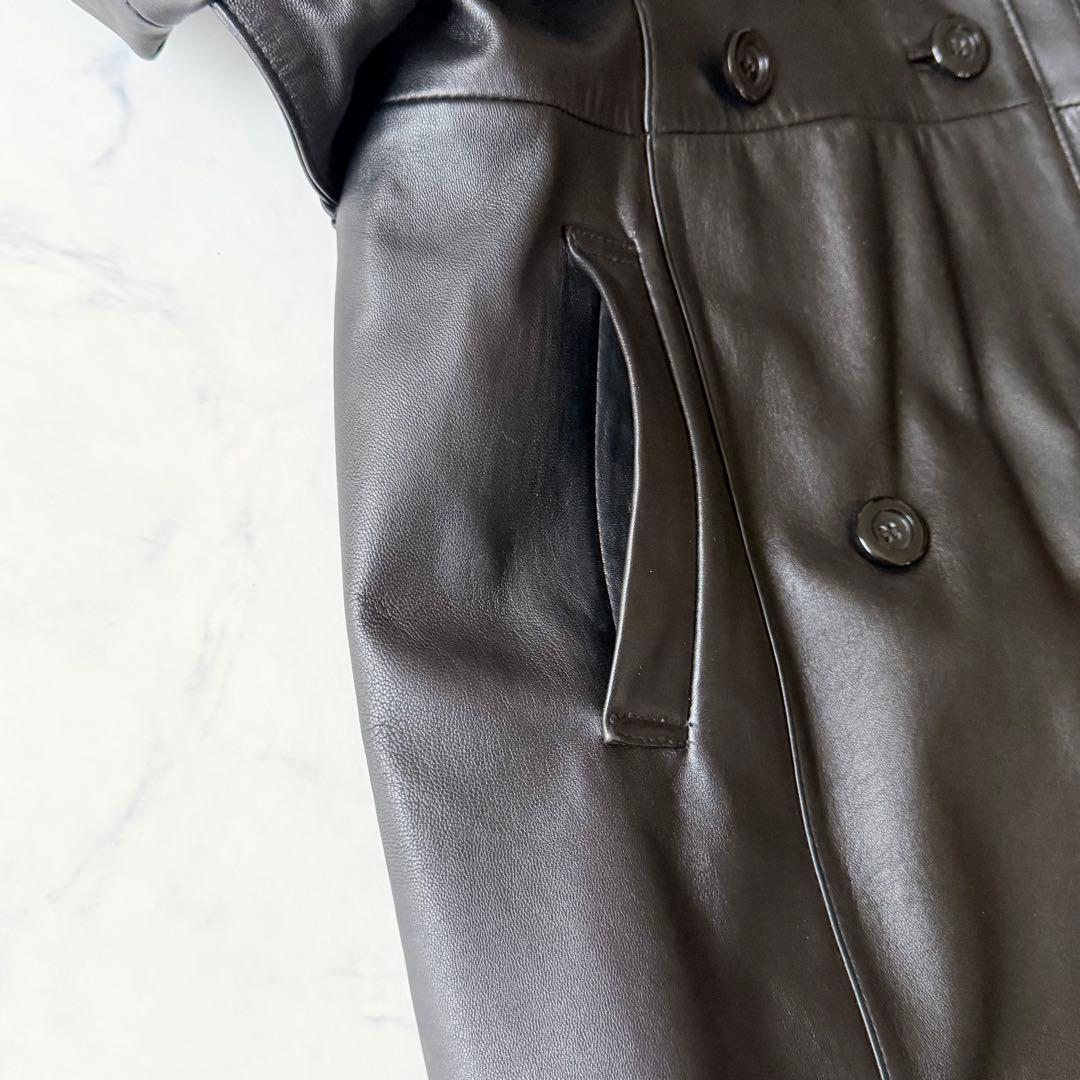 【高級本革】大きいサイズ 13AR 羊革 レザーコート ベルト付 黒 裏地ドット