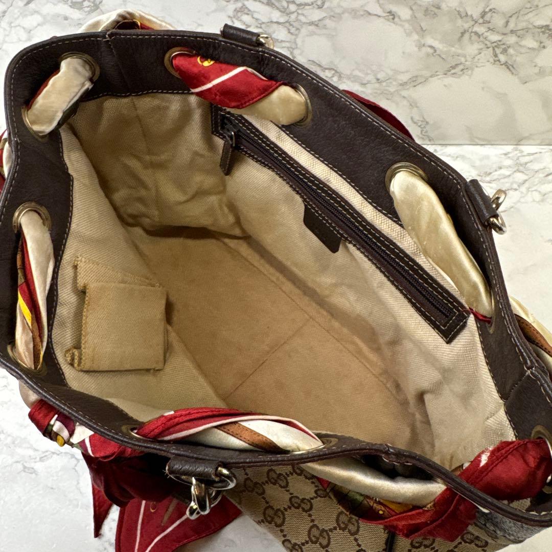 GUCCI グッチ スカーフ GG柄ジャガード×本革 レザー トートバッグ