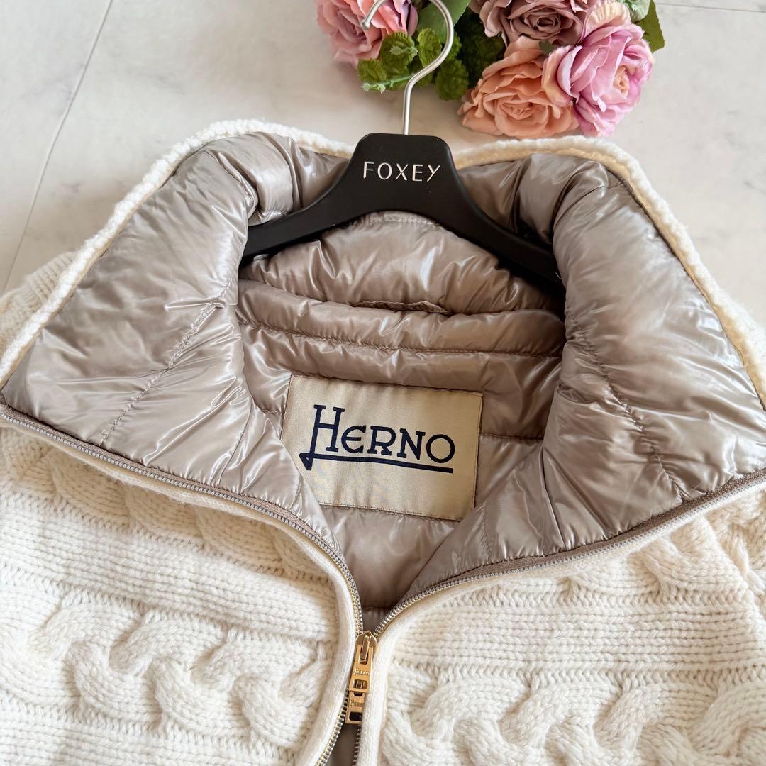 美品★HERNO ケーブルニット切替 異素材コンビ ダウンジャケット 42