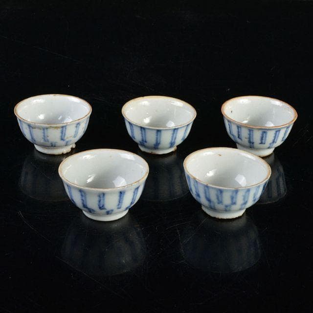 煎茶道具　南京染付　線文　茶杯　ぐい呑　五客　時代箱付　古玩