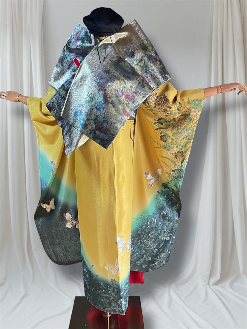 山本寛斎 ファーショール付き イエローグリーン 振袖 フルセット