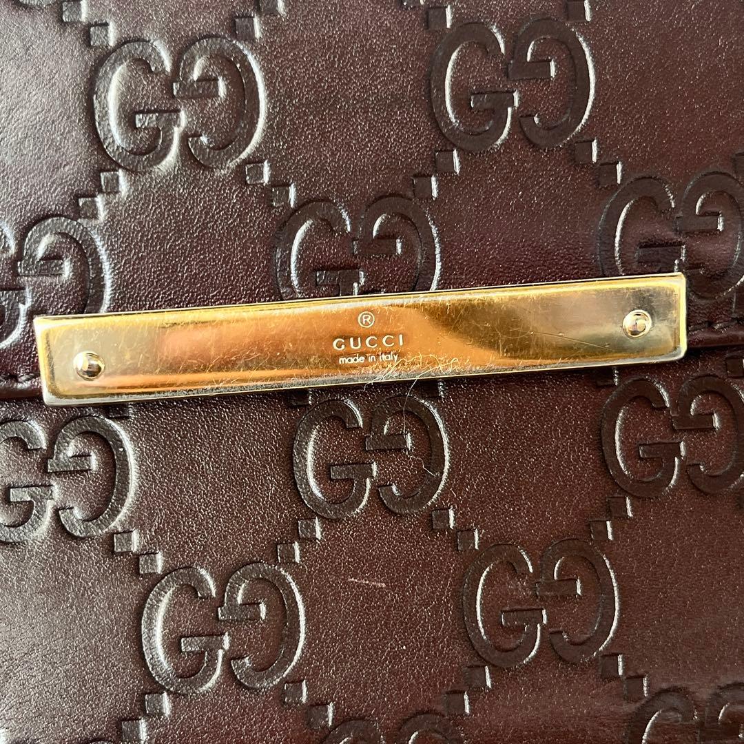 良品✨GUCCI シマ　ロゴプレート　Wホック　ダークブラウン　長財布　メンズ