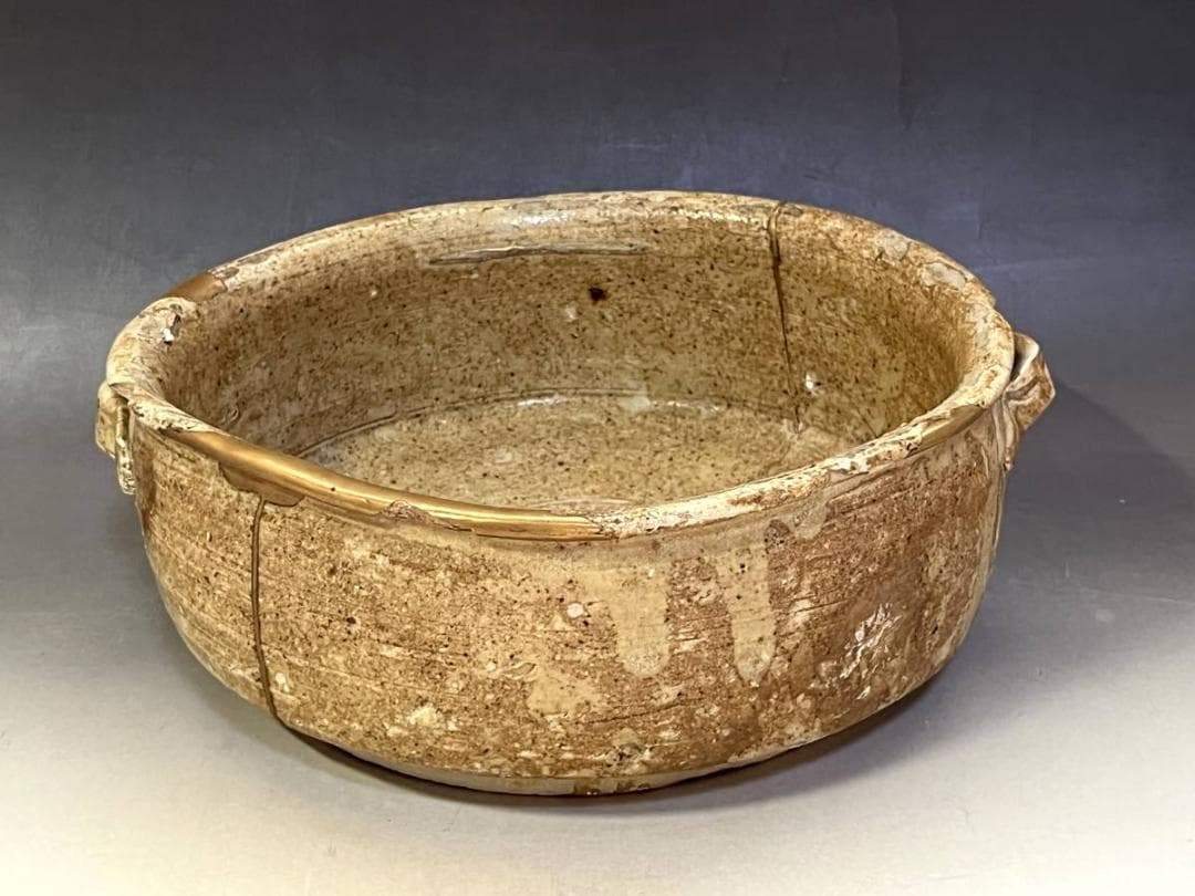 鉢■古黄瀬戸 時代物菓子鉢 金継ぎ直し有り 平鉢 耳付き(江戸期)骨董品 上物■