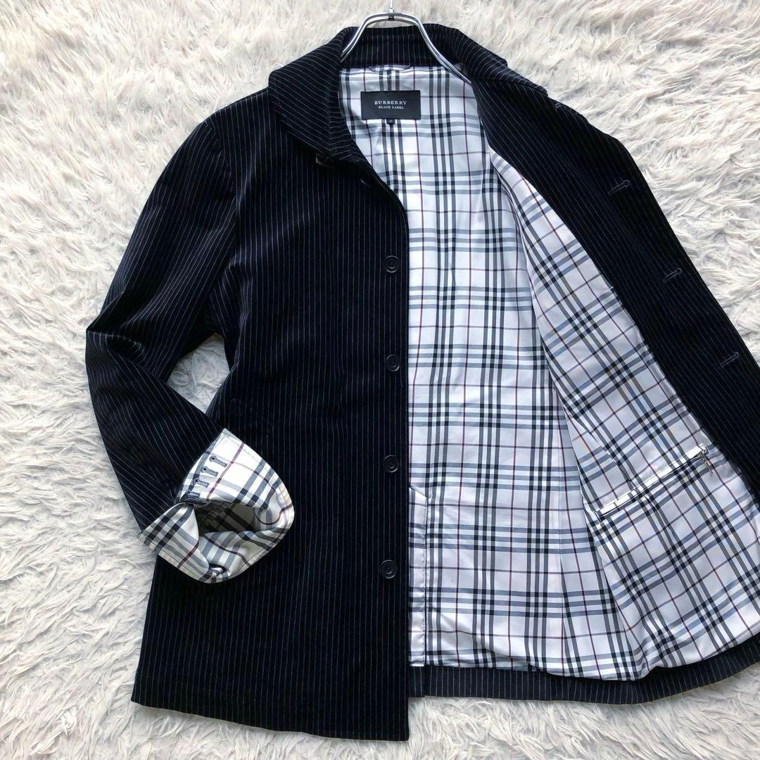 バーバリーブラックレーベル　ステンカラーコート　紺　ベロア　光沢　ホース刺繍