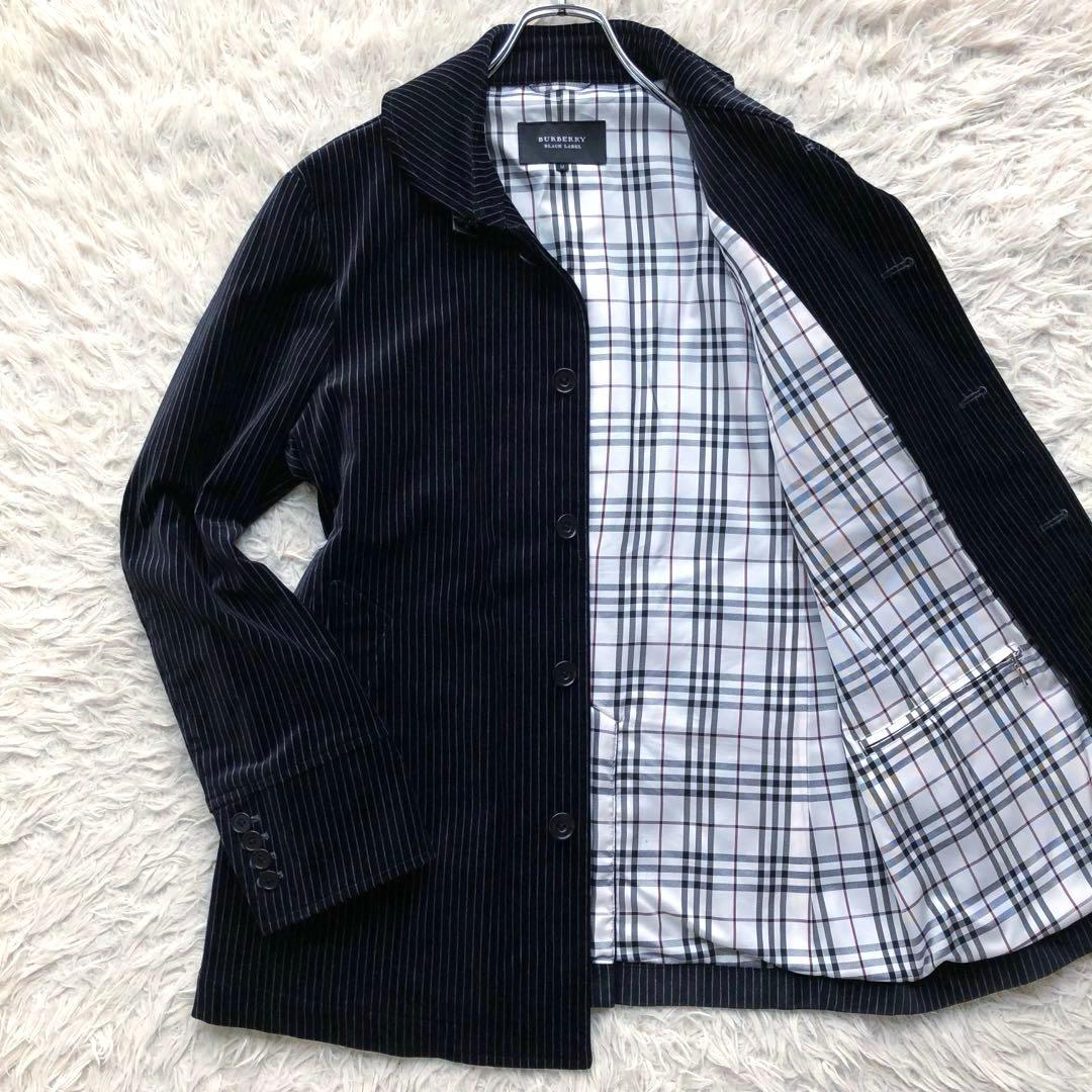 バーバリーブラックレーベル　ステンカラーコート　紺　ベロア　光沢　ホース刺繍