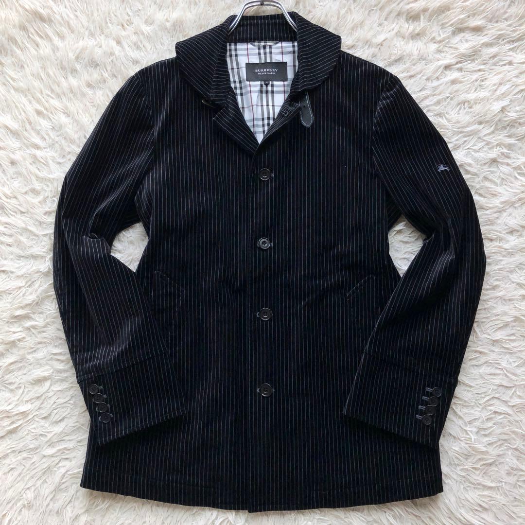 バーバリーブラックレーベル　ステンカラーコート　紺　ベロア　光沢　ホース刺繍