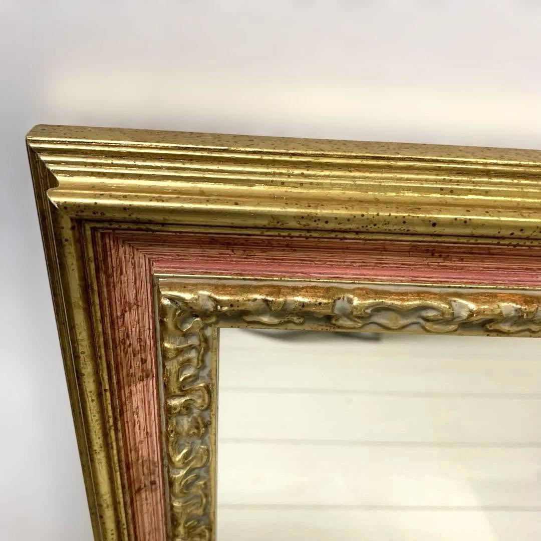 ITALY製　壁掛けミラー ゴールド・ピンク装飾　フック付