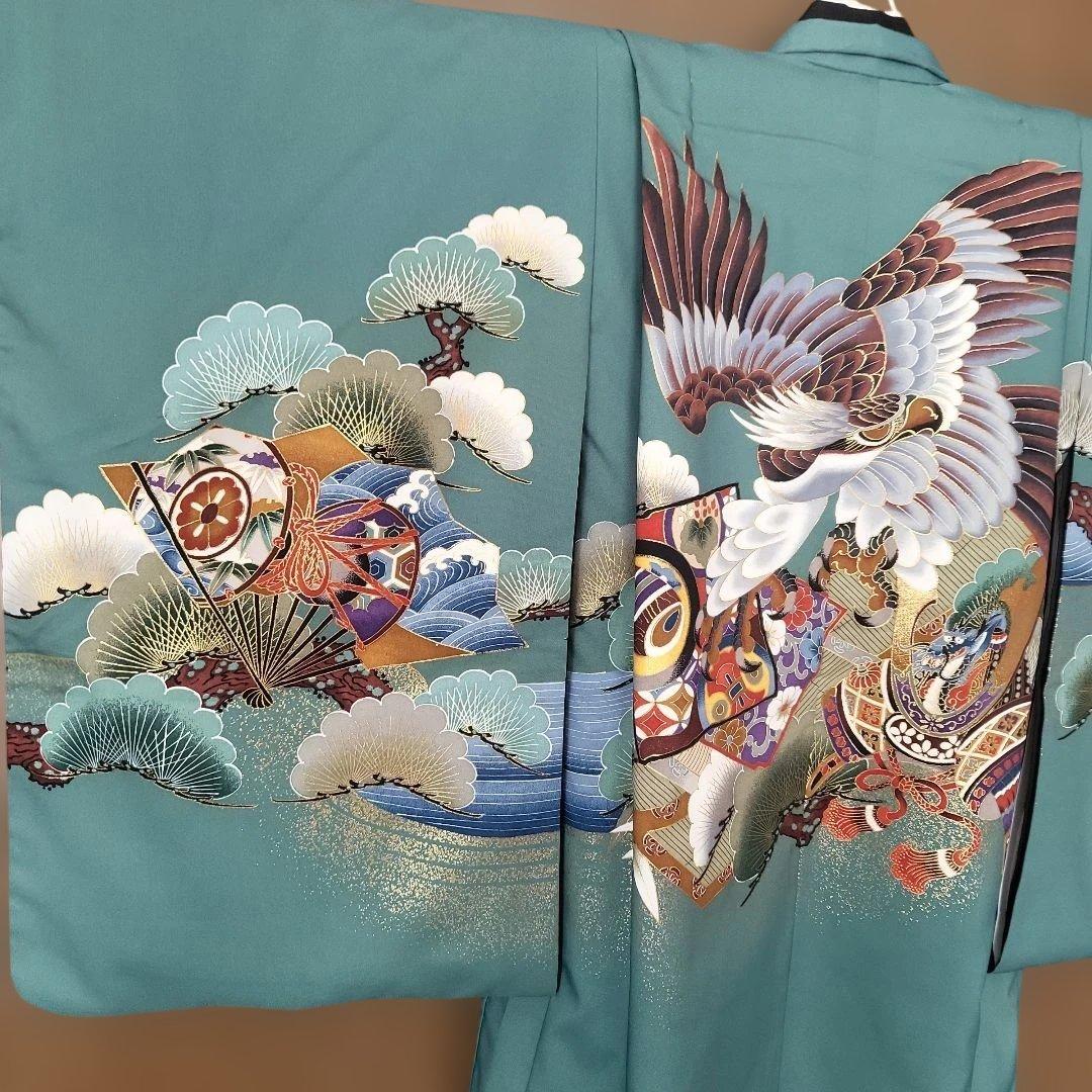 日本製　5歳　七五三用 セット　青緑色の着物