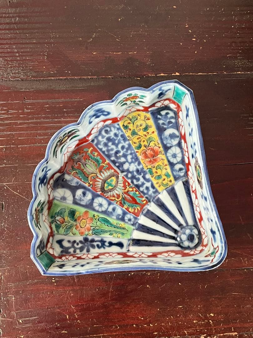 希少注文品　清朝期新渡　扇形足付鉢　五彩粉彩　丸紋唐草牡丹吉祥　変形向付菓子鉢