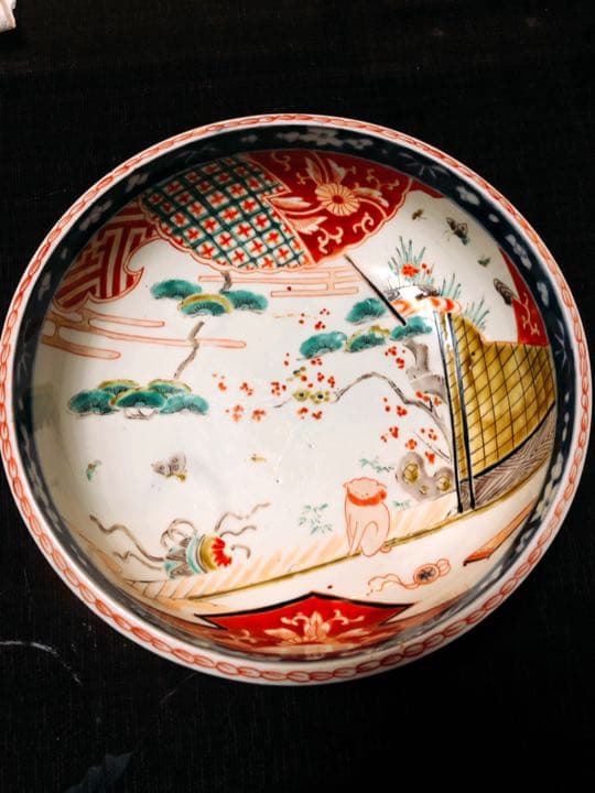 骨董　明治期伊万里焼二重高台色絵深鉢