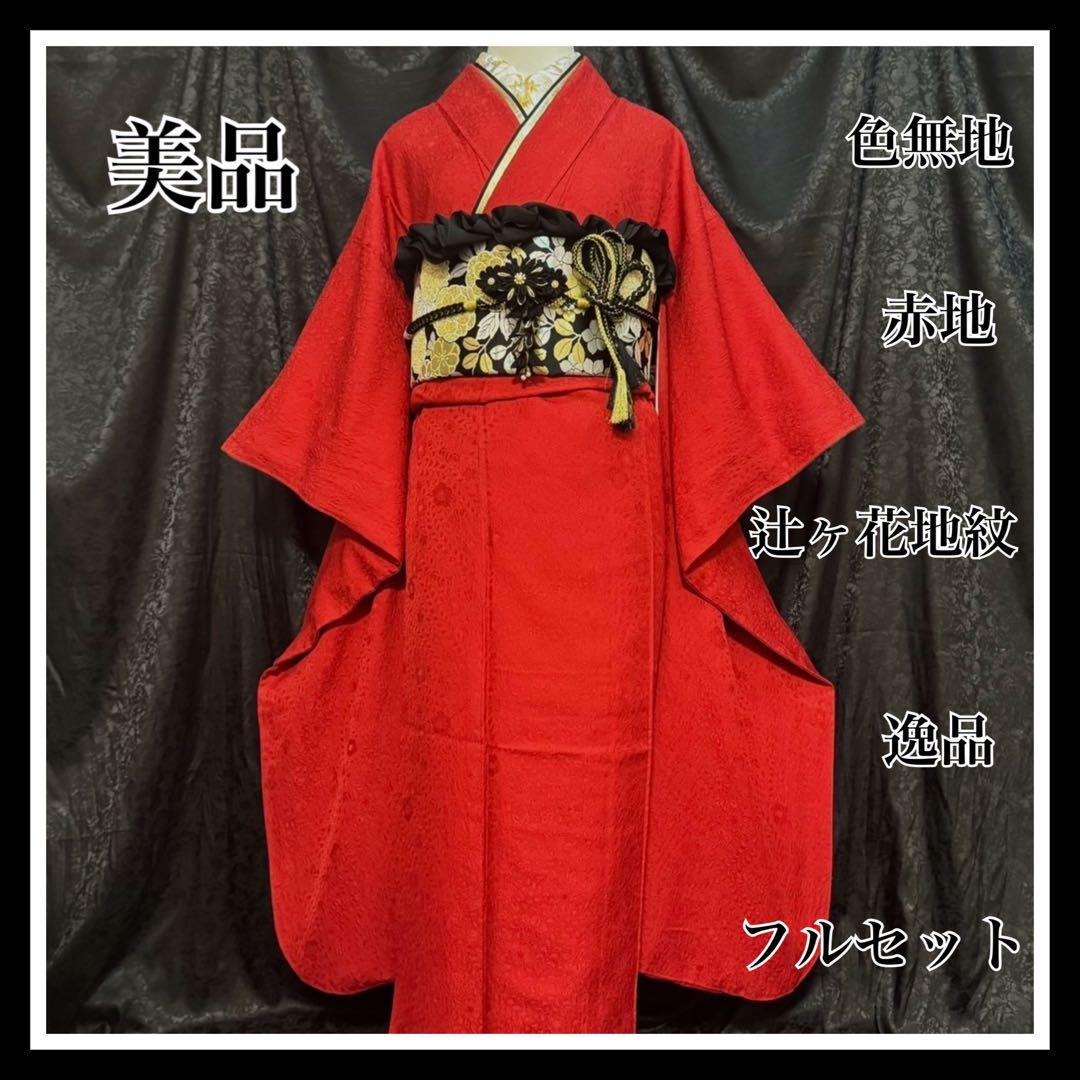 美品　辻ヶ花地紋　辻が花　色無地　赤地　逸品　フルセット　振袖　(振袖のみ)