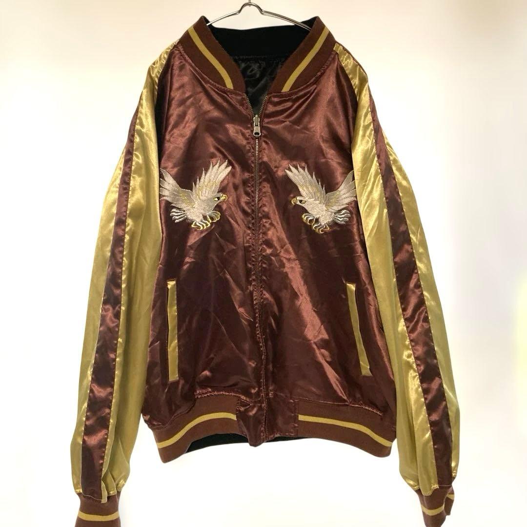 リバーシブル スカジャン 龍 鷹 刺繍 日本地図 Lサイズ 和柄 ヴィンテージ風